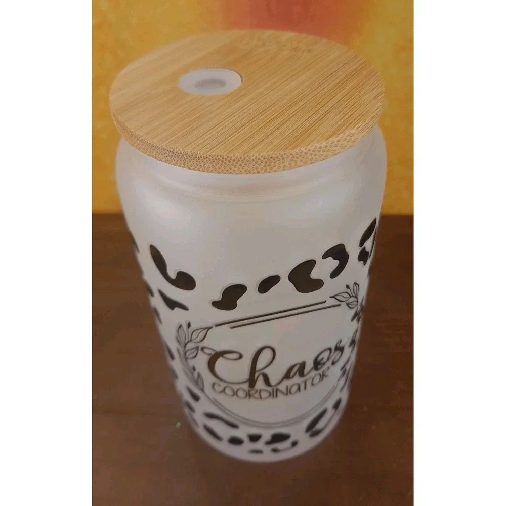 Chaos Coordinator Cheetah 12oz Frosted Glass Tumbler‎ With Straw Wood Top